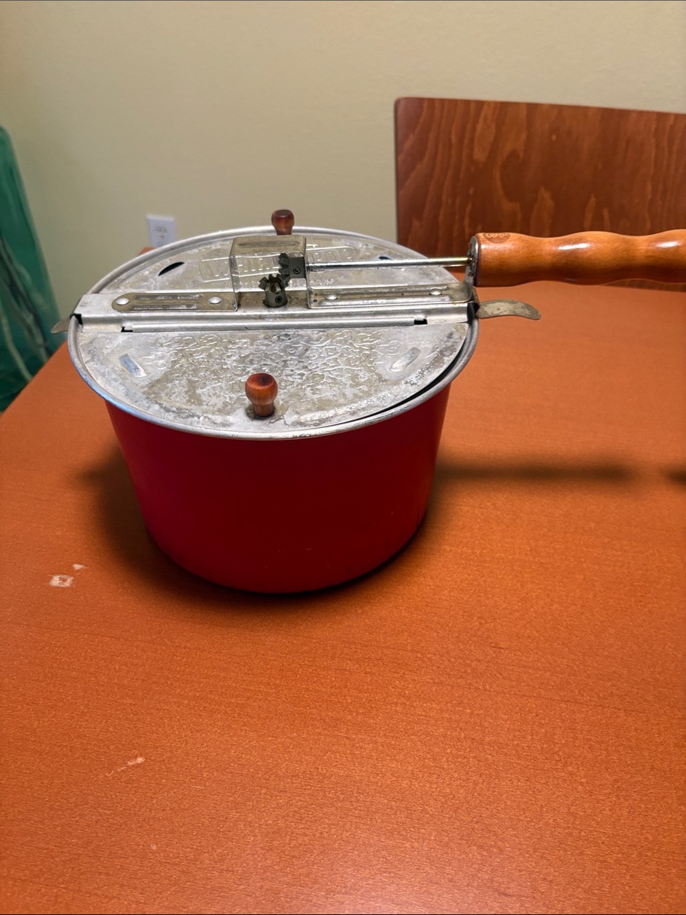 Red Stovetop Popcorn Popper with Wooden Handle